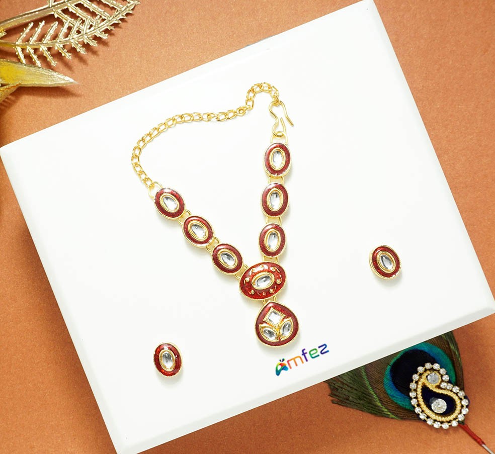 Red Kundan Meena Work Necklace/ Mala With Earrings ( 2.5 Inch )