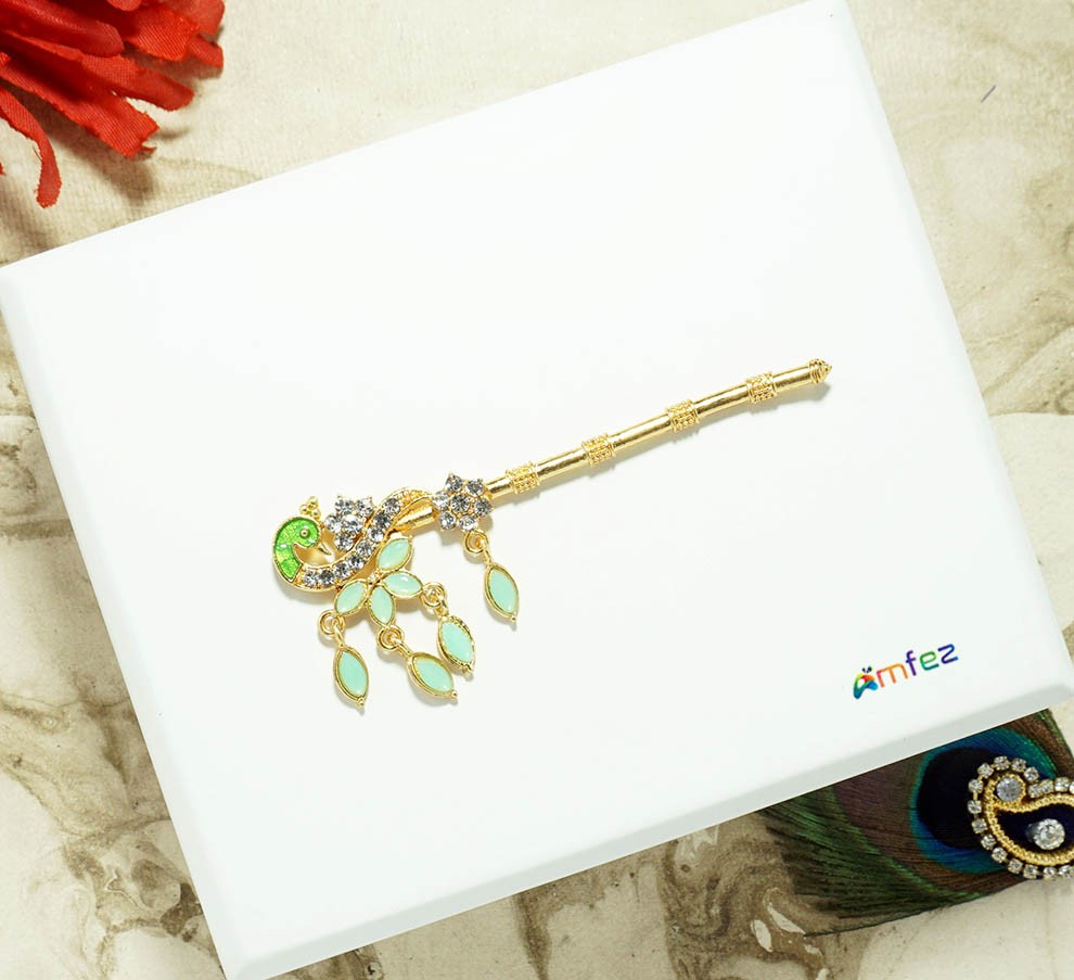 Elegant Green Peacock Meena Stone Work Flute ( 2 & 3 Inch )