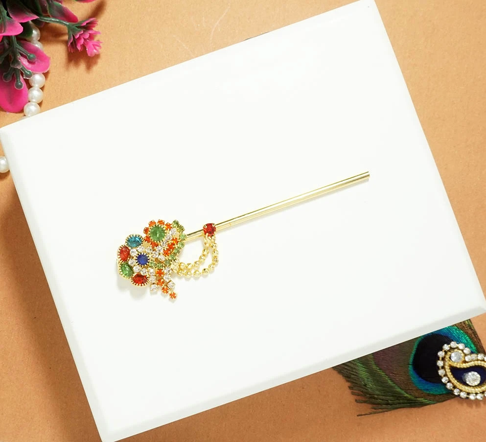 Beautiful Golden Multi Stone Work Flute ( 3 Inch )