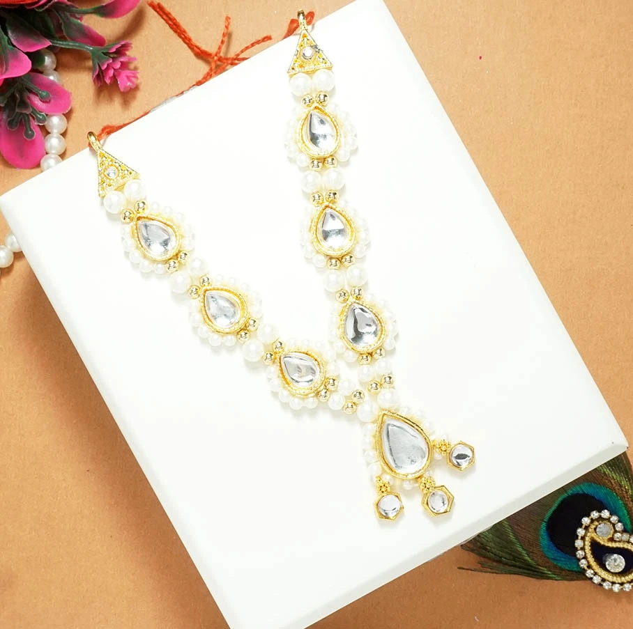 Golden White Stone Pearl Beads Mala / Necklace ( 4.5 Inch )