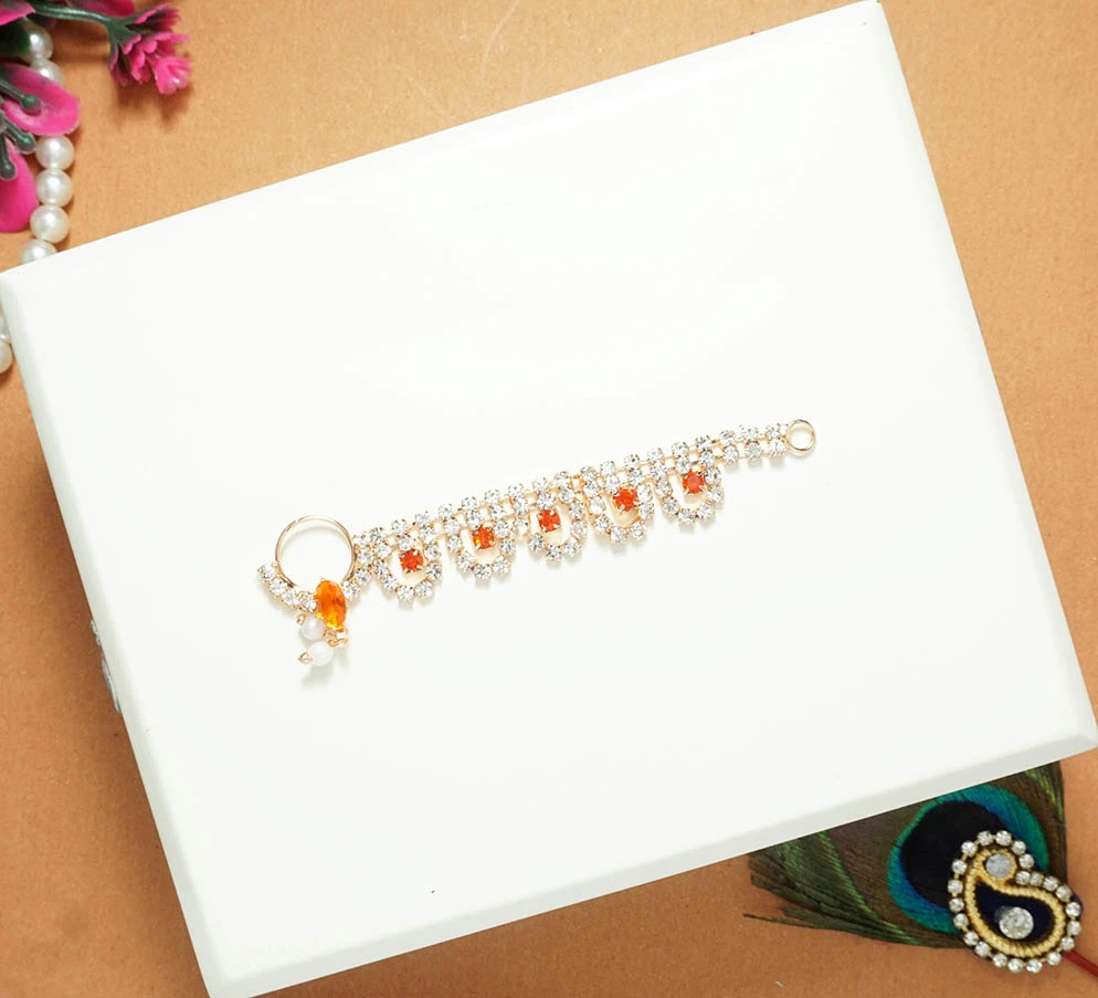 Radha Ji Orange Stone Work Nose Ring ( 3 Inch )