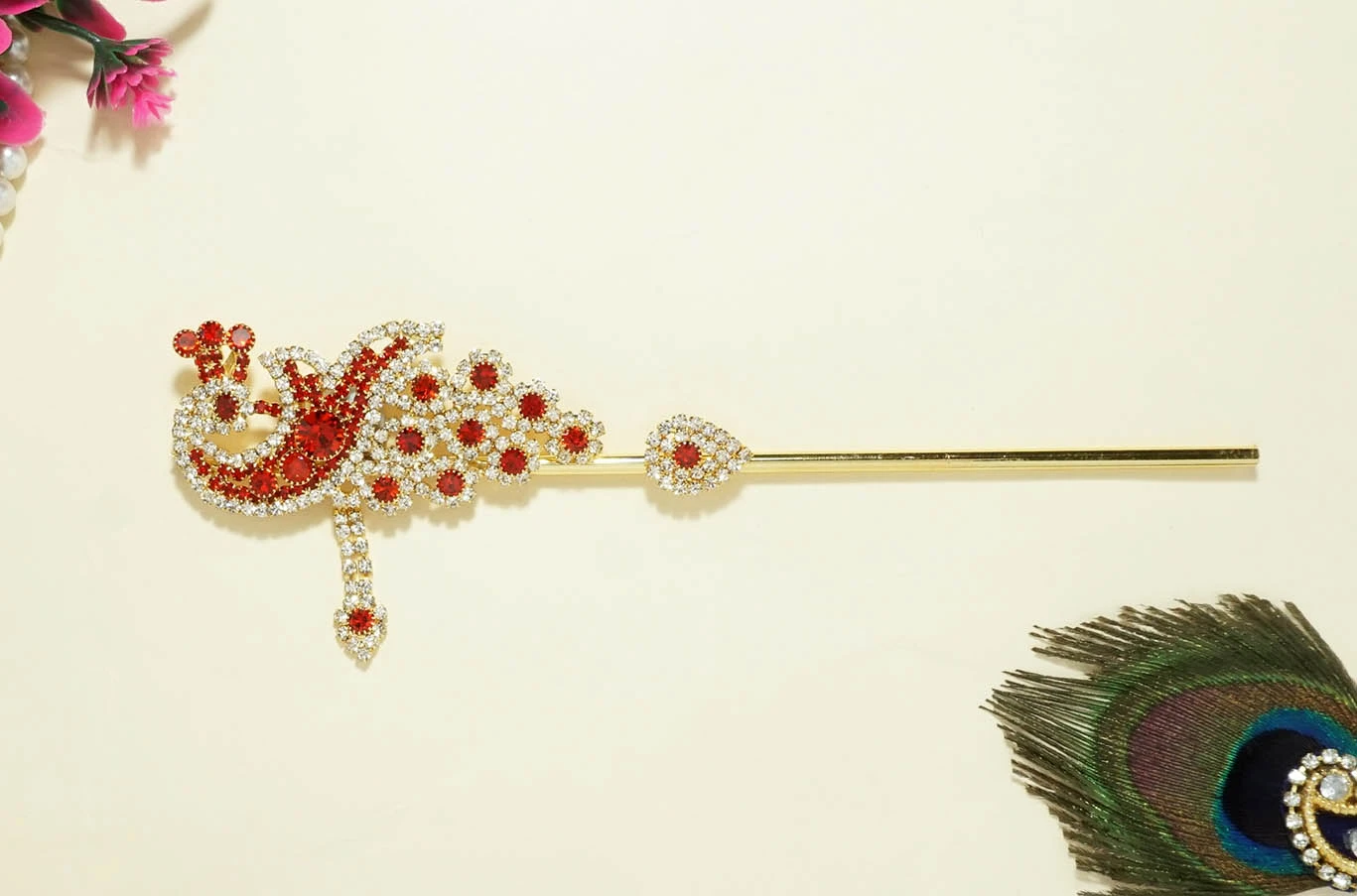 Beautiful Red Heavy Stone Work Flute ( 6 Inch )