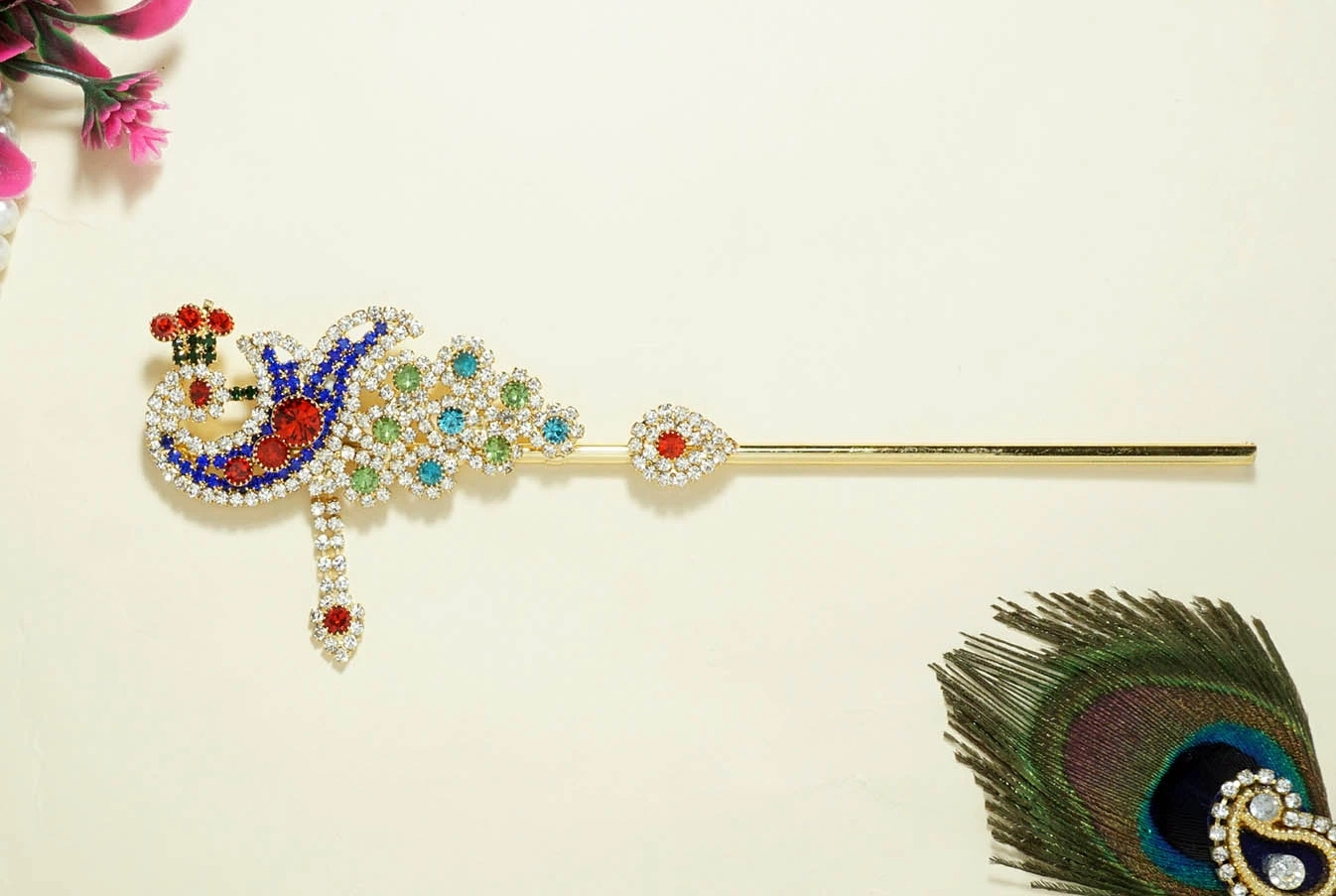 Beautiful Multi Heavy Stone Work Flute ( 6 Inch )