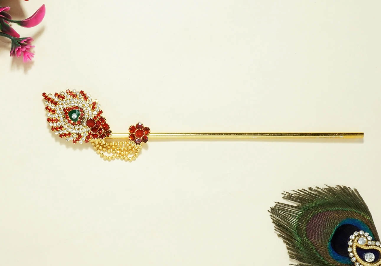 Red Heavy Stone Work Flute ( 6.5 Inch )