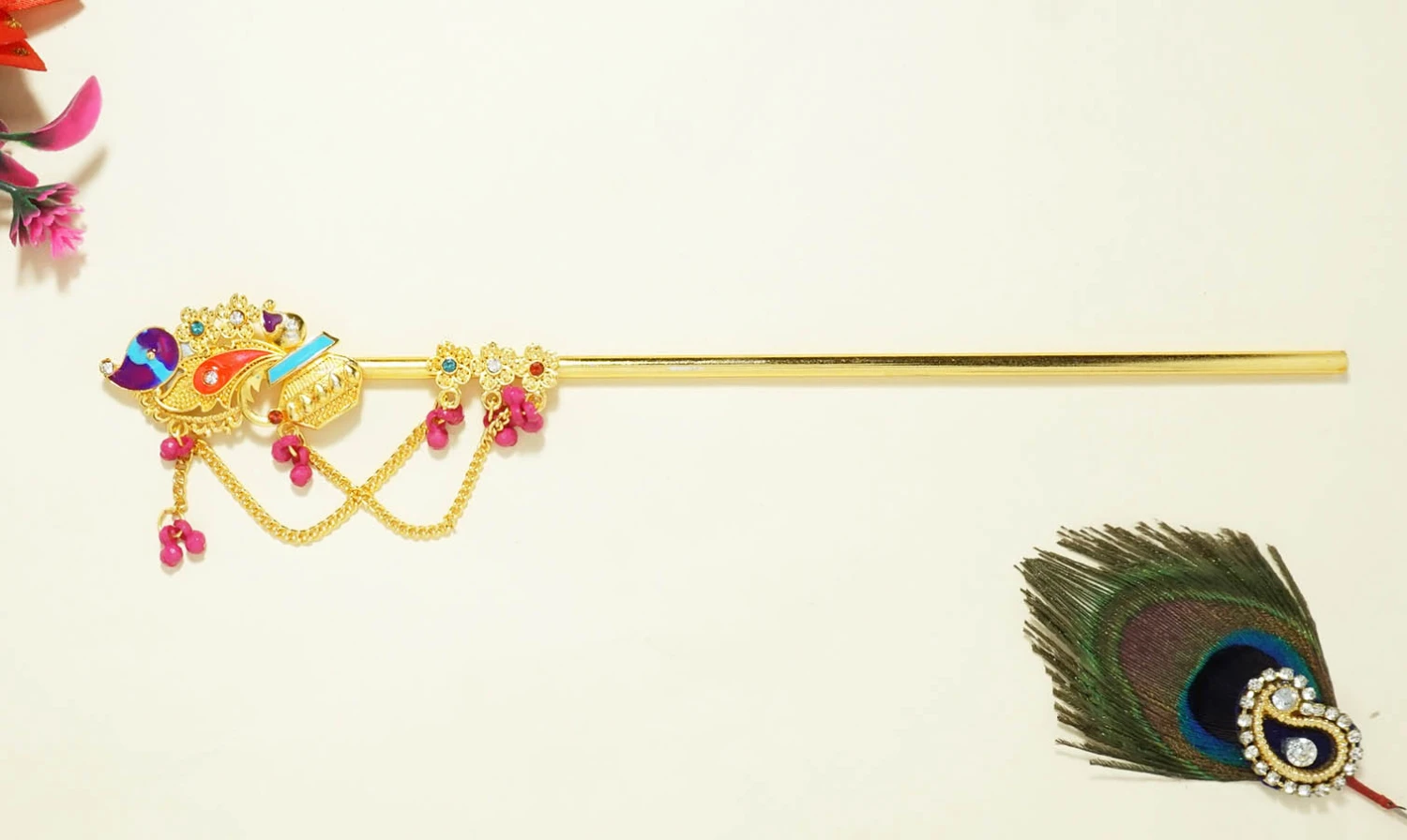 Golden Multi Heavy Stone Meena Work Flute ( 8 Inch )