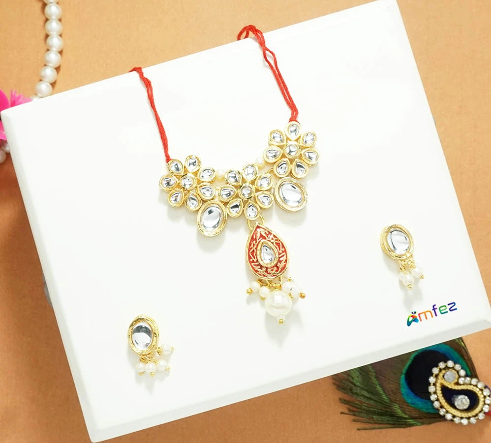 Golden Kundan Meena Work Necklace With Earrings ( Large )