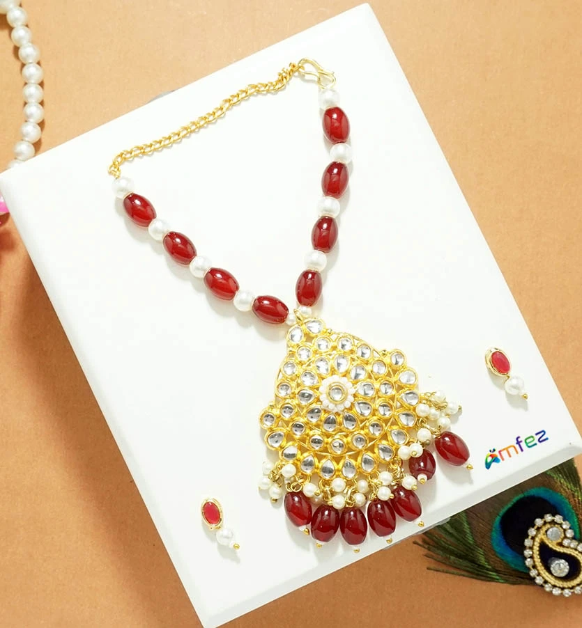 Red Kundan Beads Necklace With Ear Rings ( 4 Inch )
