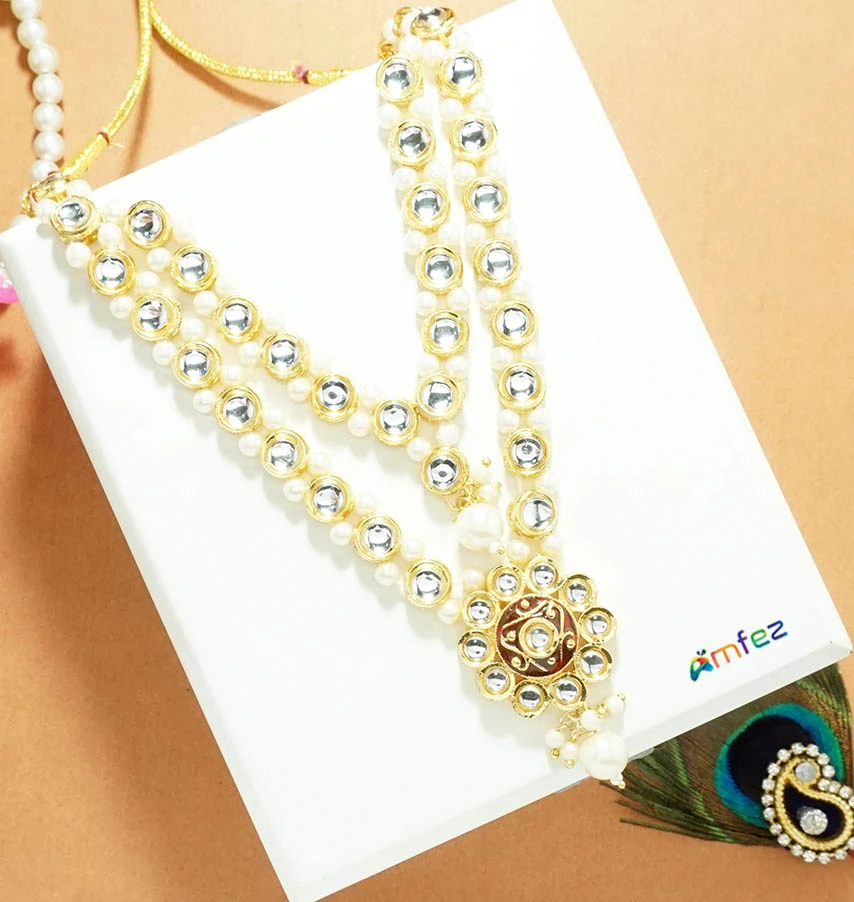 Beautiful White Multi Meena Kundan Pearl Beads Work Necklace (6 Inch )