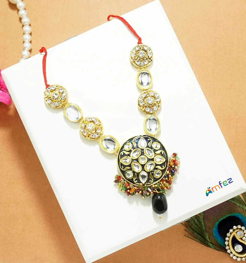 Red Green Kundan Beads Necklace / Mala ( 4 Inch )