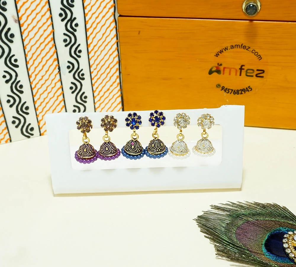 A Set of Three Multi Stone Pearl Work Ear Rings