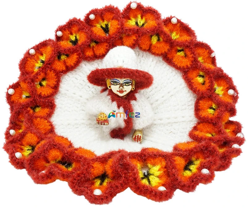 Amfez Laddu Gopal White Red Vardhman Woolen Winter Dress With Cap
