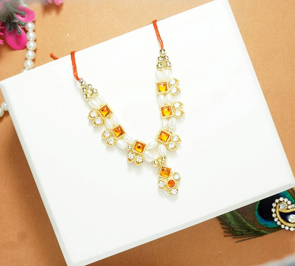 Beautiful Orange Stone Pearl Beads Necklace/ Mala (3 Inch )