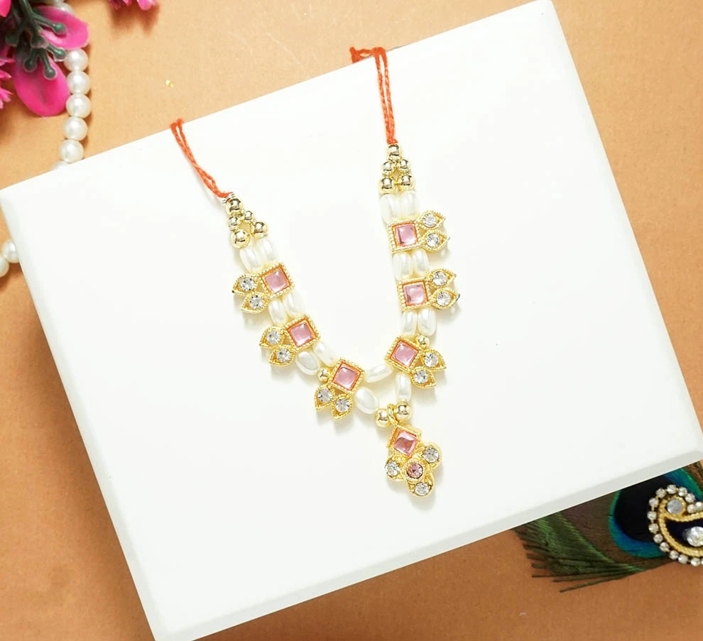 Beautiful White Pink Stone Pearl Beads Necklace/ Mala (3 Inch )