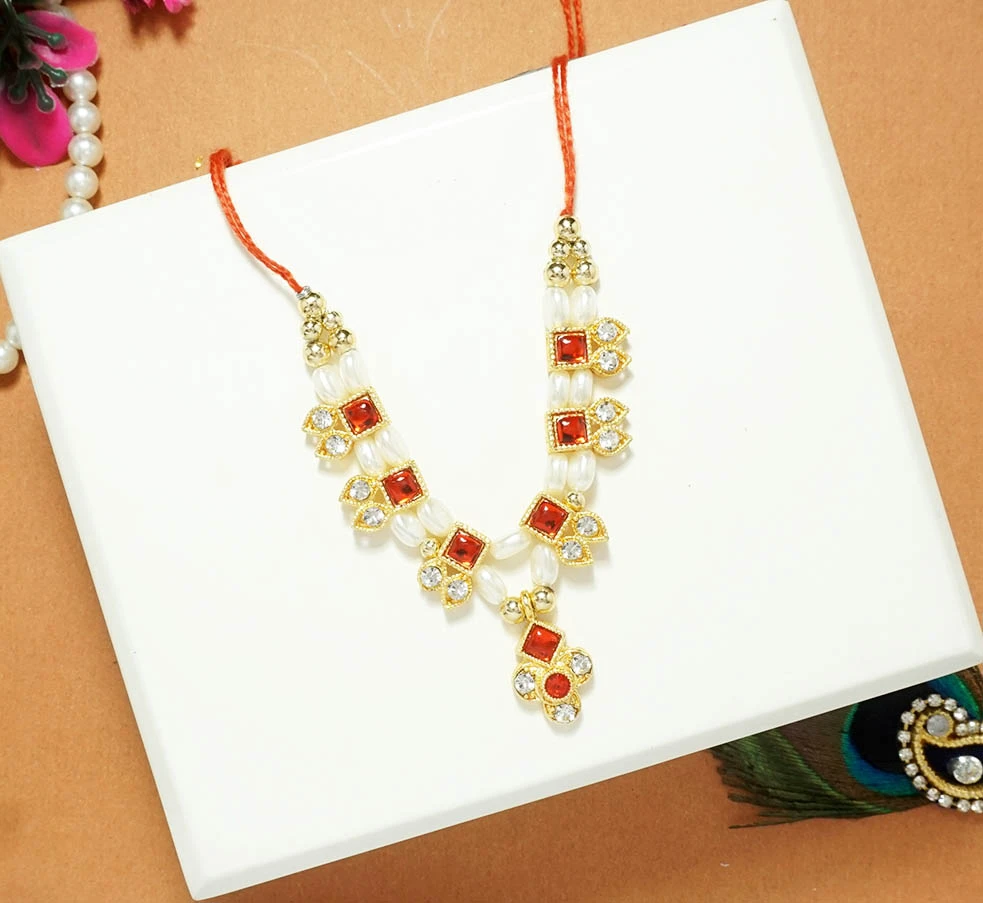 Beautiful Red Stone Pearl Beads Necklace/ Mala (3 Inch )