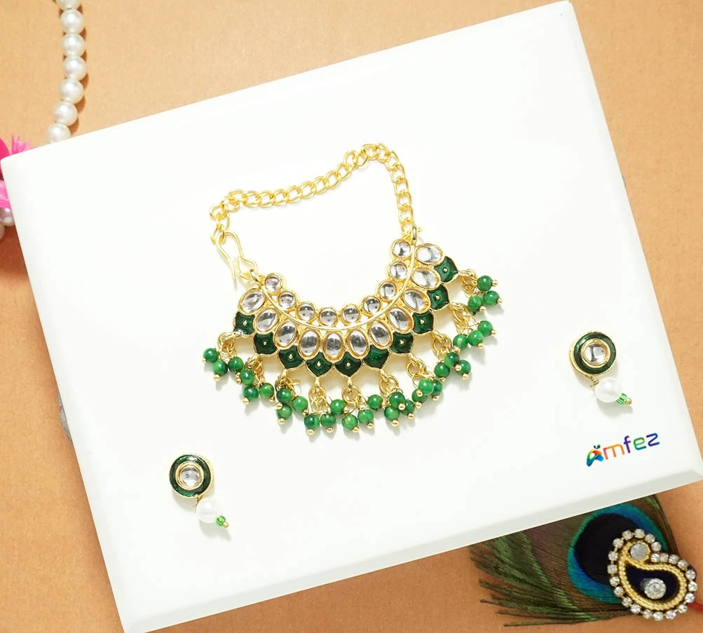 Green Kundan  Pearl Beads Necklace With Earrings (Large)