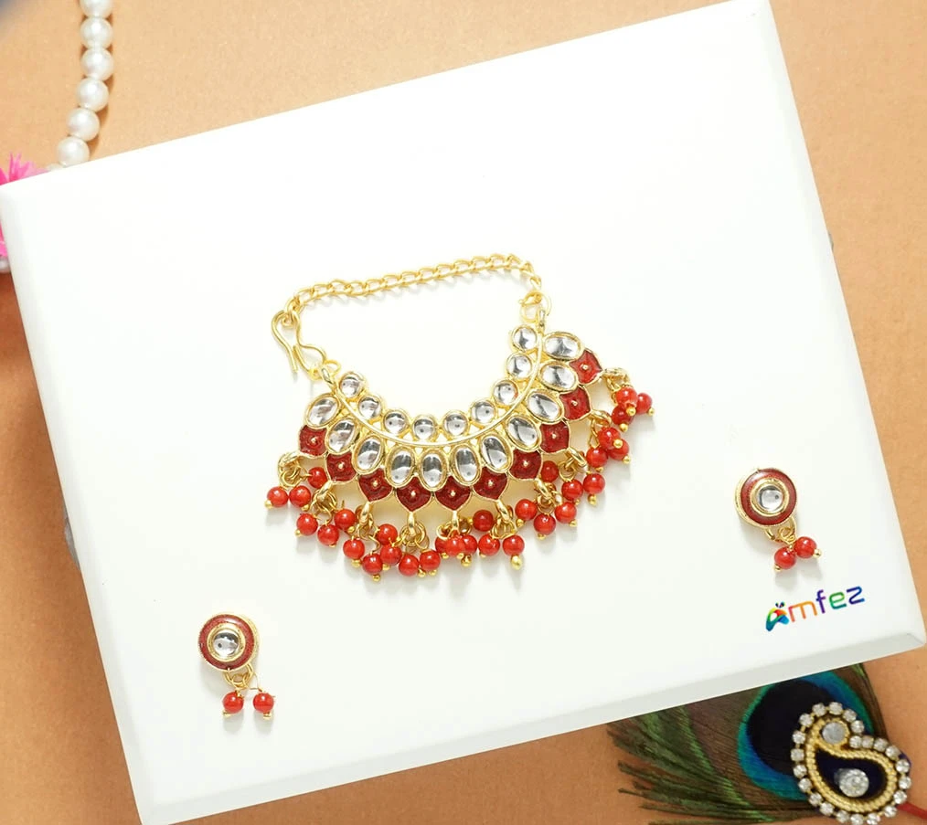 Red Kundan Pearl Beads Necklace With Earrings (Large)