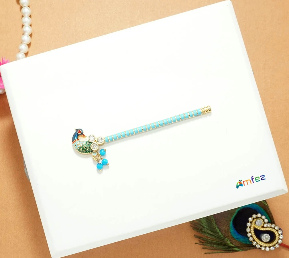 Sky Blue Stone Meena Work Flute ( 2.5 Inch )