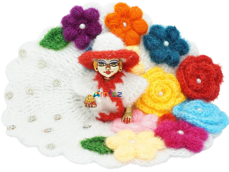 Amfez Laddu Gopal White Multi Flower Vardhman Woolen Winter Dress With Cap