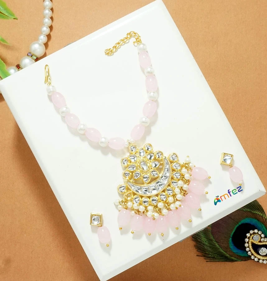 Baby Pink Kundan Beads Necklace With Ear Rings ( 4 Inch )