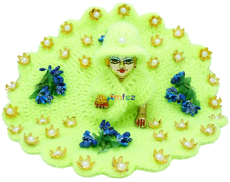 Designer Laddu Gopal Parrot Green Vardhman Woolen Winter Dress With Cap