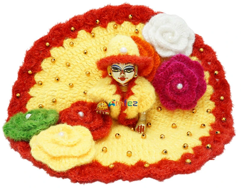 Amfez Laddu Gopal Red Yellow Vardhman Woolen Winter Dress With Cap