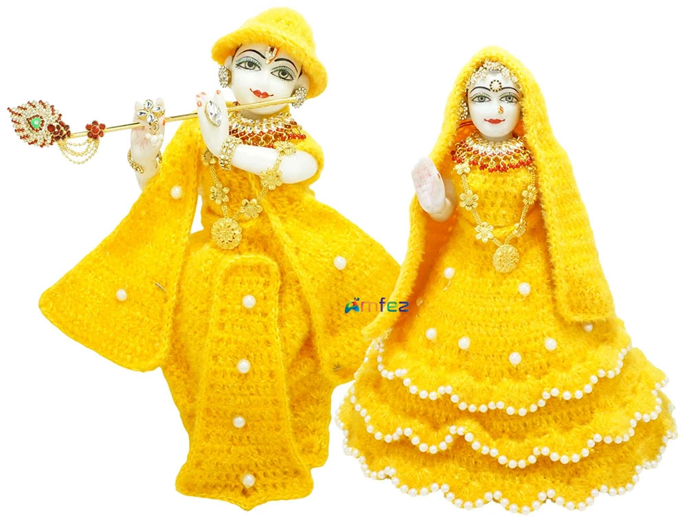 Amfez Radha Krishna Yellow Pearl Work Woolen Dress
