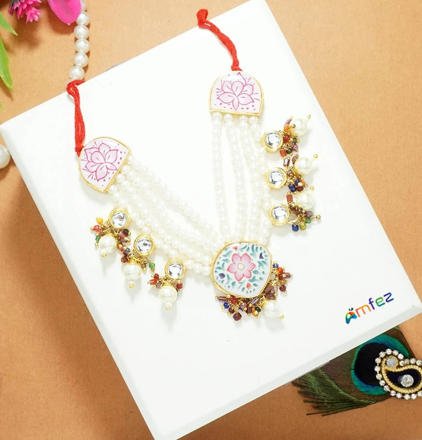 Beautiful Multi Meena Kundan Pearl Beads Work Necklace ( 4 Inch )