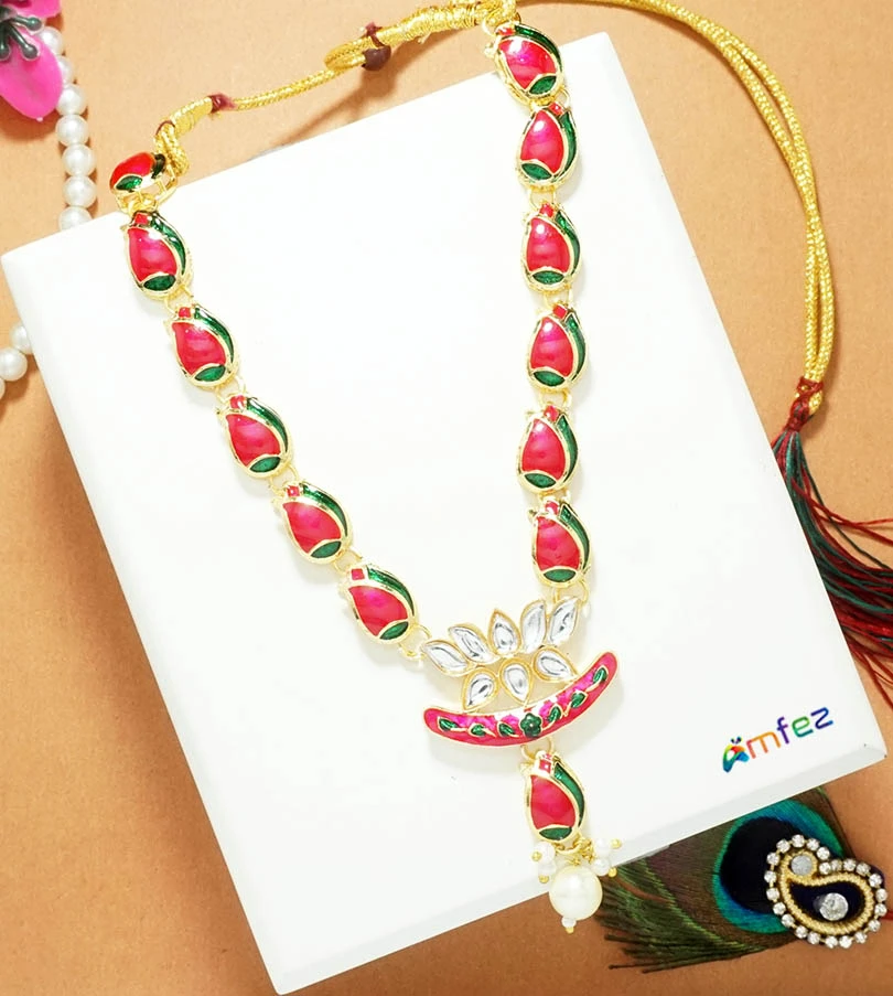 Beautiful Rani Meena Kundan Lotus Beads Work Necklace ( 5 Inch )