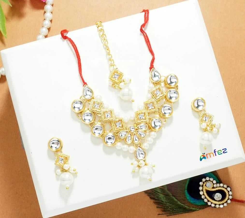 Beautiful White Kundan Beads Work Necklace Set ( XL )