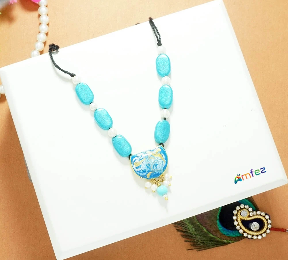 Beautiful SkyBlue Pearl Beads Work Necklace ( 3 Inch )