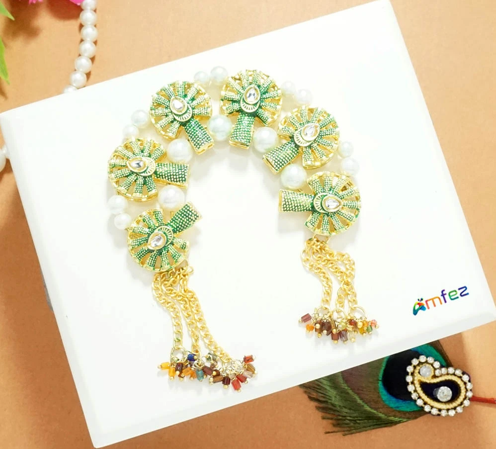 Designer Green Meena Kundan Stone Work Chandrika (Large