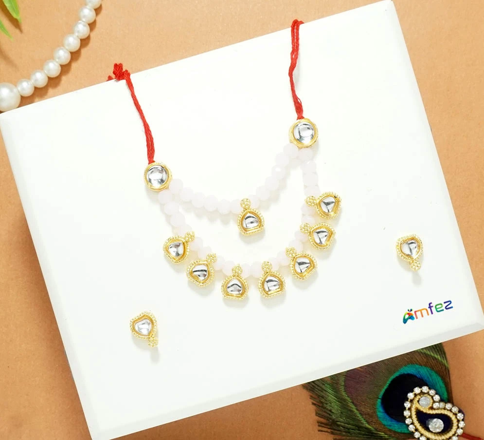 Baby Pink Kundan Beads Work Necklace Set ( Large )