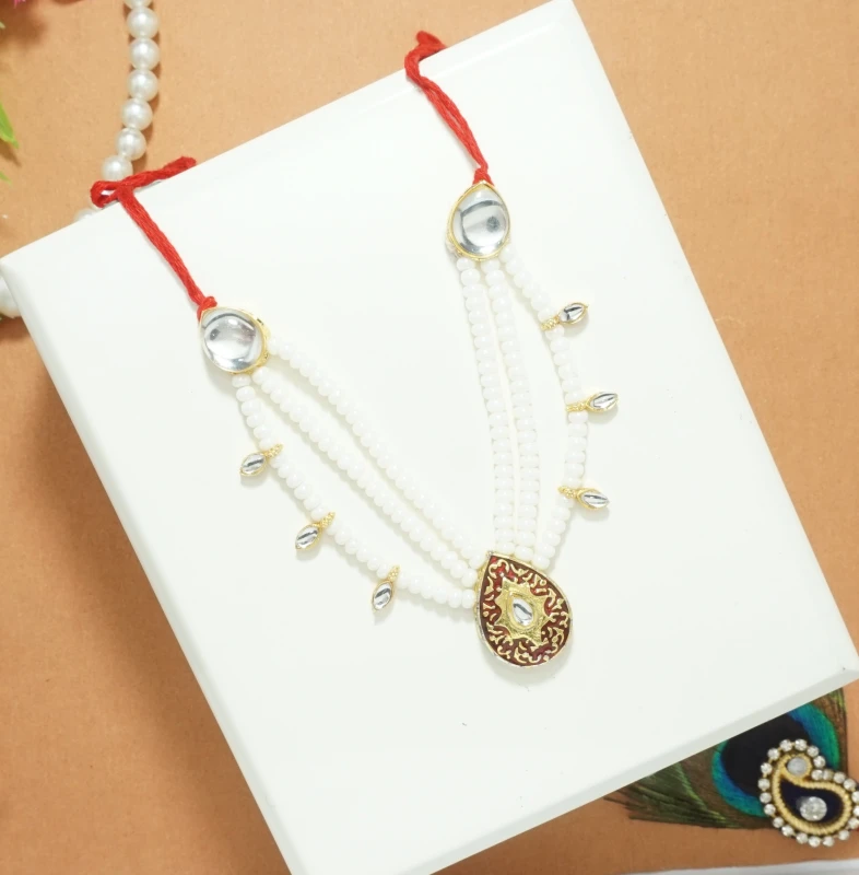 Beautiful Red White Kundan Beads Work Necklace Mala