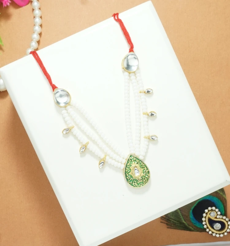 Beautiful Green White Kundan Beads Work Necklace Mala