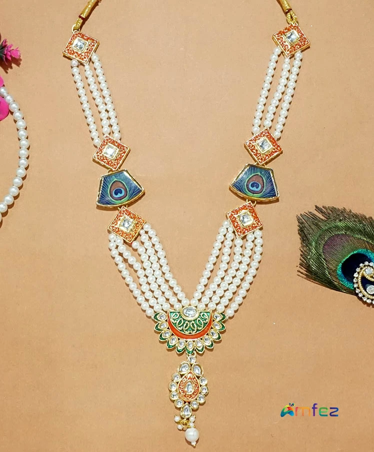 Beautiful Red Kundan Meena Pearl Beads Necklace ( 10 Inch )