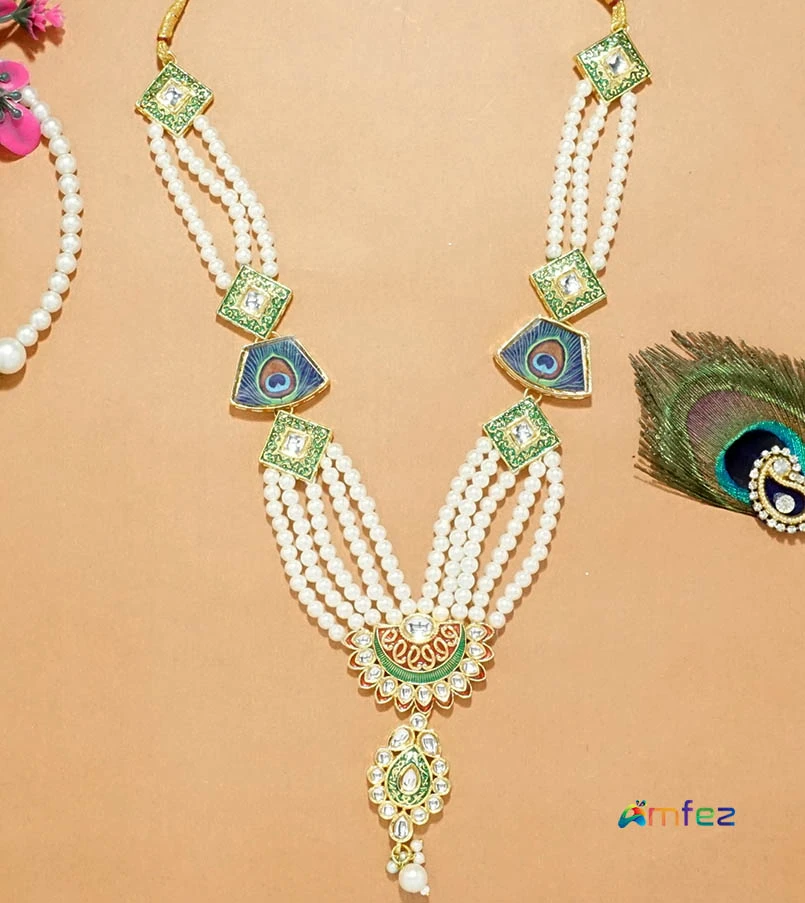Beautiful Green Kundan Meena Pearl Beads Necklace ( 10 Inch )