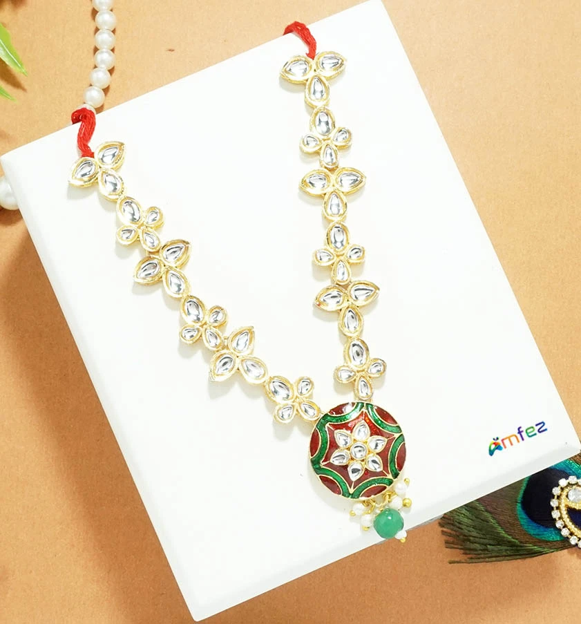 Beautiful Red Green Kundan Meena Work Necklace ( 4.5 Inch )