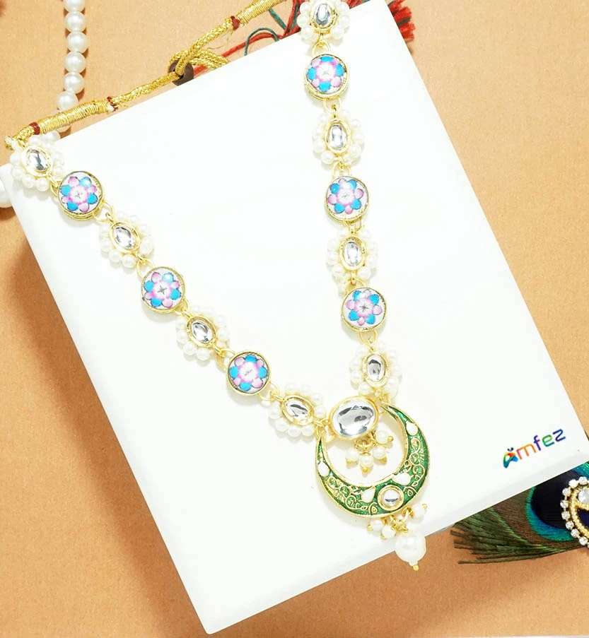 Green Kundan Meena Pearl Beads Work Necklace ( 5 Inch )