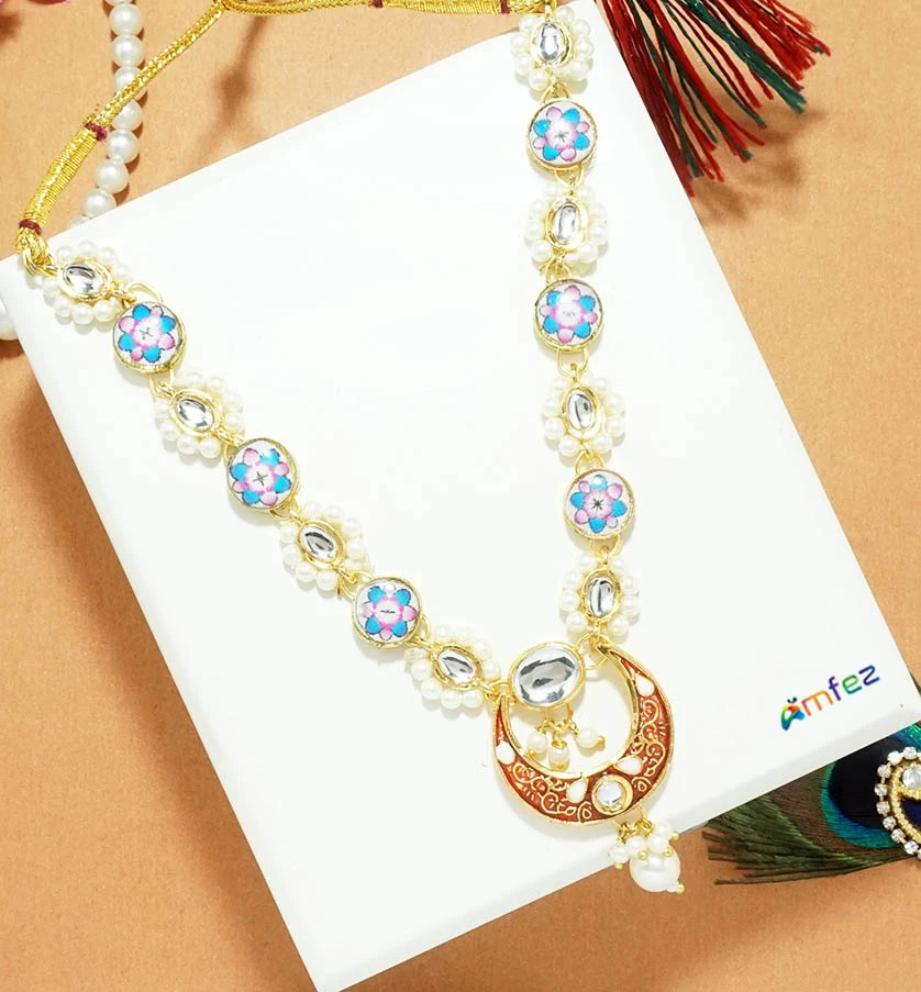 Red Kundan Meena Pearl Beads Work Necklace ( 5 Inch )