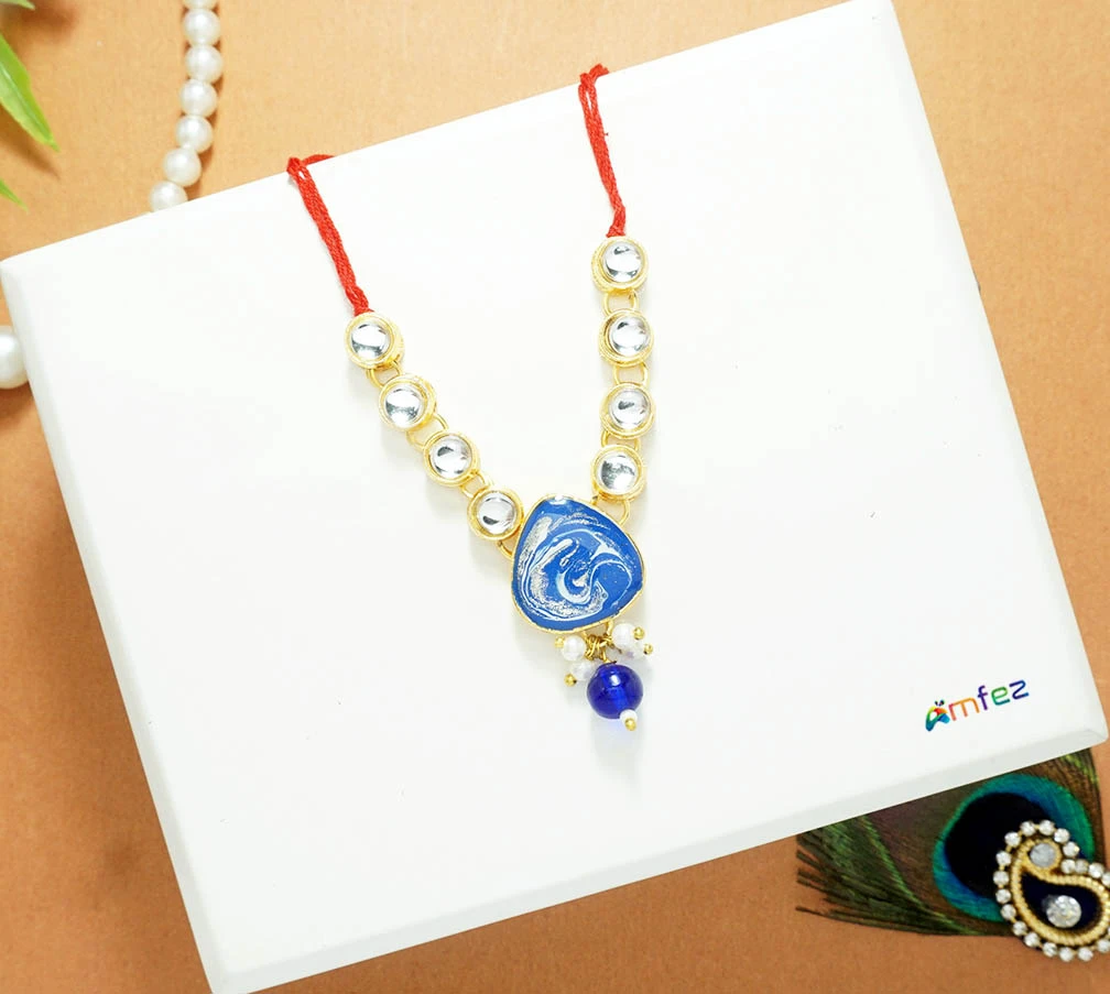 Elegant Blue Kundan Pearl Beads Work Necklace ( 2 Inch )