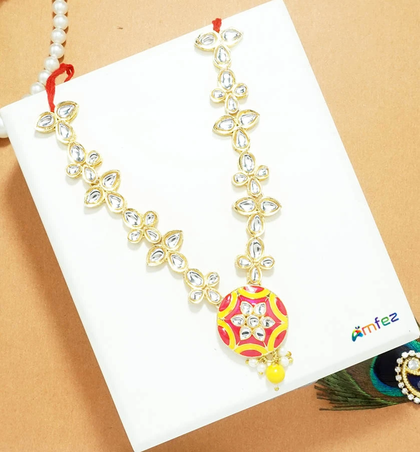 Beautiful Yellow Kundan Meena Work Necklace ( 4.5 Inch )