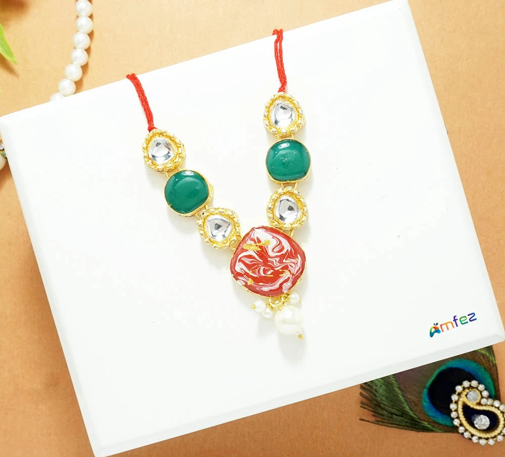 Multi Kundan Pearl Beads Work Necklace ( 3 Inch )