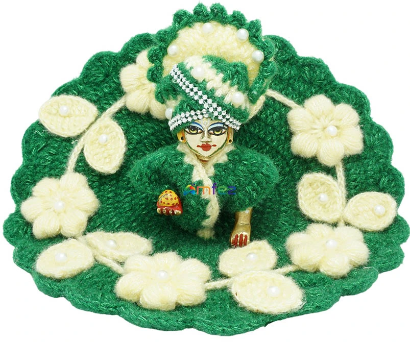 Amfez Laddu Gopal Green Flower Woolen Dress With Cap