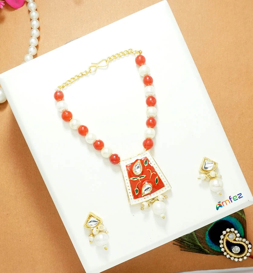 Red Kundan Pearl Beads Work Necklace With Earrings ( 3.5 & 4 Inch )