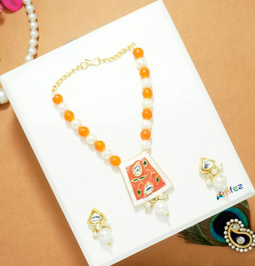 Orange Kundan Pearl Beads Work Necklace With Earrings ( 3.5 & 4 Inch )