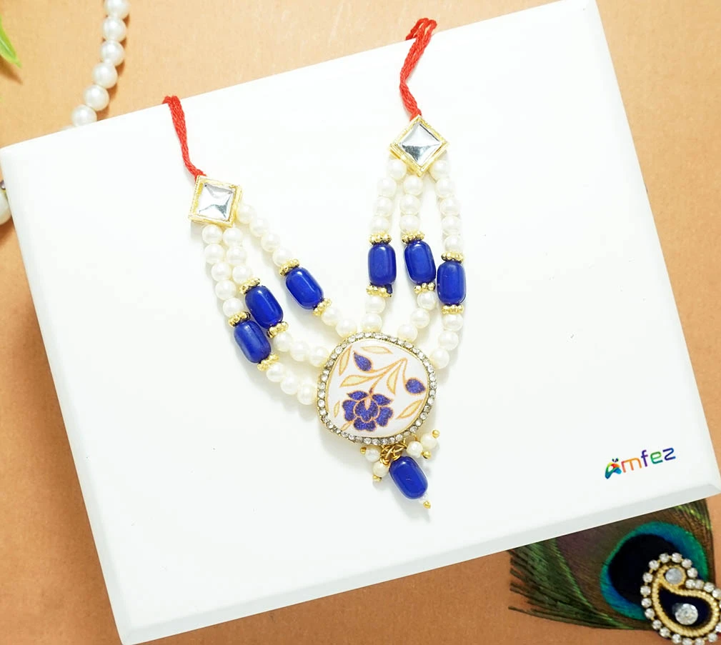 Blue Stone Pearl Beads Work Necklace ( 3 Inch )