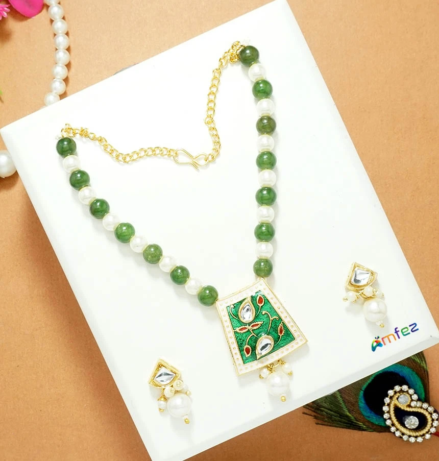 Green Kundan Pearl Beads Work Necklace With Earrings ( 3.5 & 4 Inch )