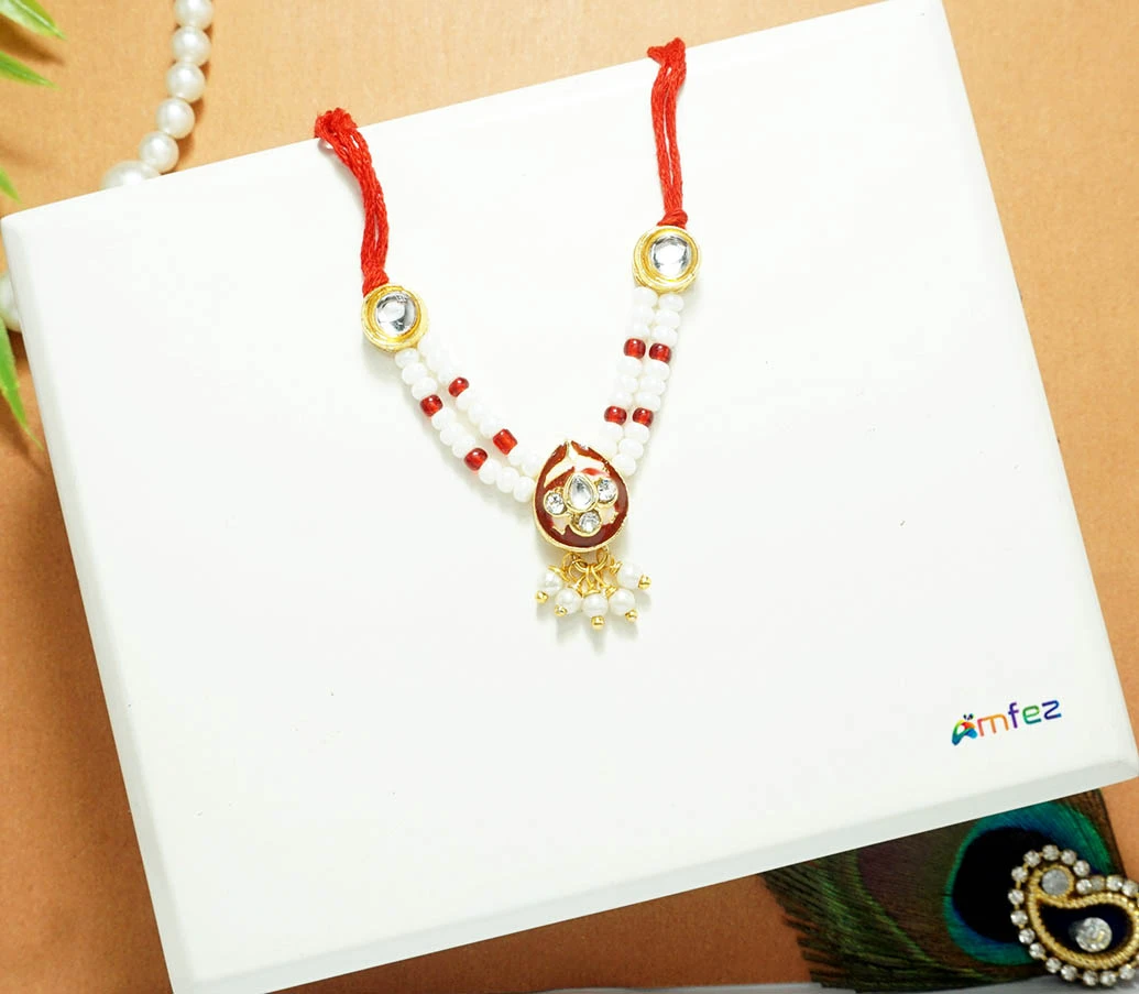 Elegant Red Kundan Pearl Beads Work Necklace ( 2 Inch)