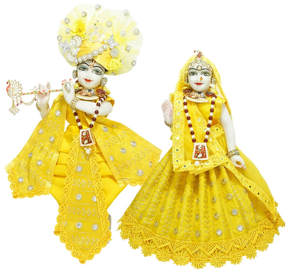 Radha Krishna Yellow Mirror Sequence Embroidery Lace Dress