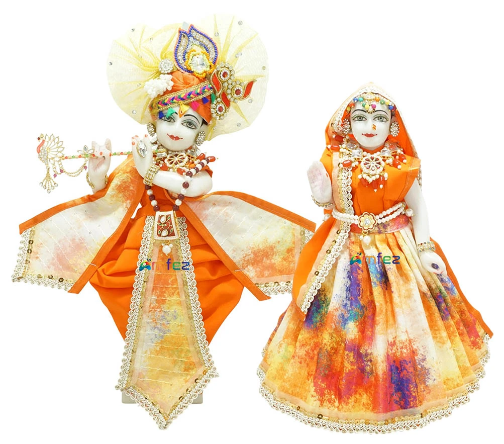 Amfez Radha Krishna Multi Printed Embroidery Lace Work Holi Dress